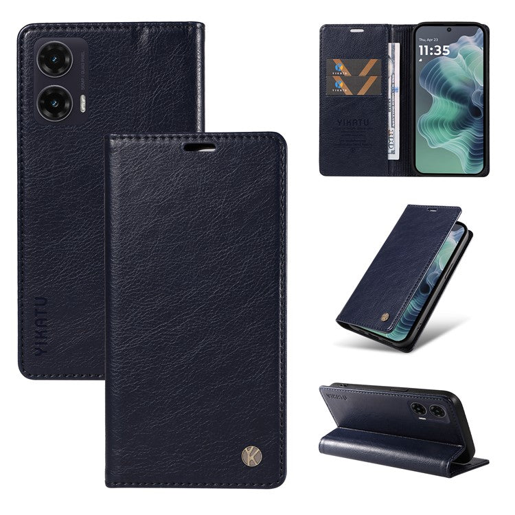 YIKATU YK-006 For Motorola Moto G35 5G Case Card Slots Magnetic Closure Leather Phone Cover Litchi Texture - Navy Blue