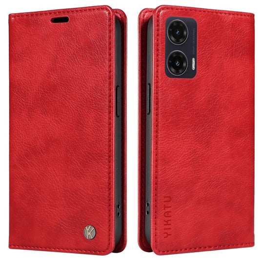YIKATU YK-006 For Motorola Moto G35 5G Case Card Slots Magnetic Closure Leather Phone Cover Litchi Texture - Red