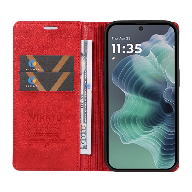 YIKATU YK-006 For Motorola Moto G35 5G Case Card Slots Magnetic Closure Leather Phone Cover Litchi Texture - Red
