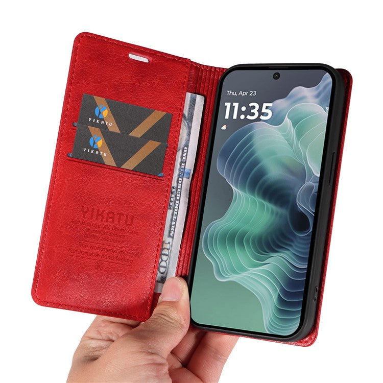 YIKATU YK-006 For Motorola Moto G35 5G Case Card Slots Magnetic Closure Leather Phone Cover Litchi Texture - Red