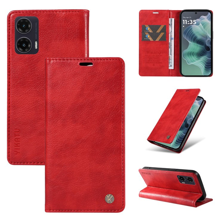 YIKATU YK-006 For Motorola Moto G35 5G Case Card Slots Magnetic Closure Leather Phone Cover Litchi Texture - Red