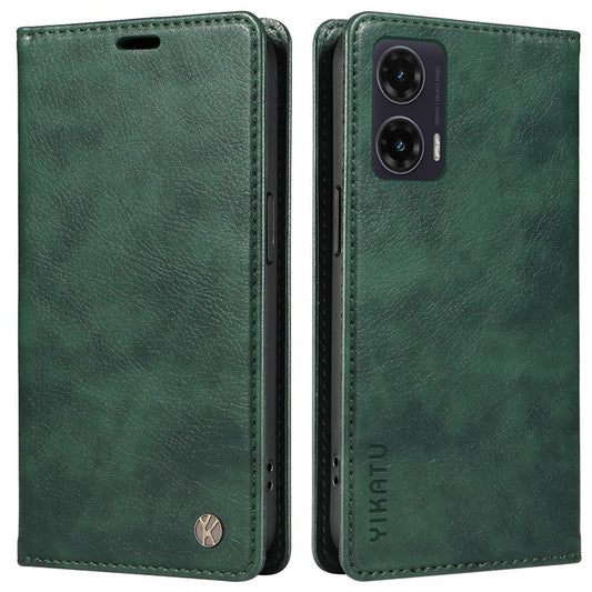 YIKATU YK-006 For Motorola Moto G35 5G Case Card Slots Magnetic Closure Leather Phone Cover Litchi Texture - Green