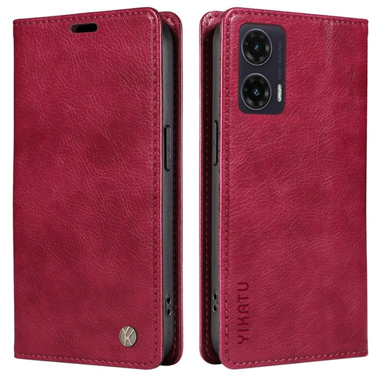 YIKATU YK-006 For Motorola Moto G35 5G Case Card Slots Magnetic Closure Leather Phone Cover Litchi Texture - Wine Red