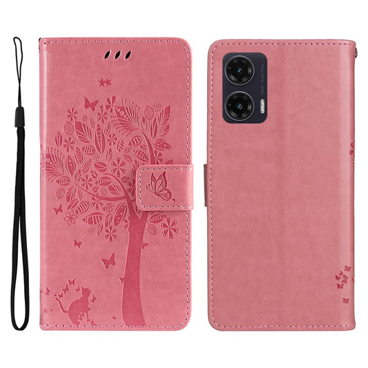 For Motorola Moto G35 5G Case Cat Tree Pattern Flip Leather Phone Cover - Pink