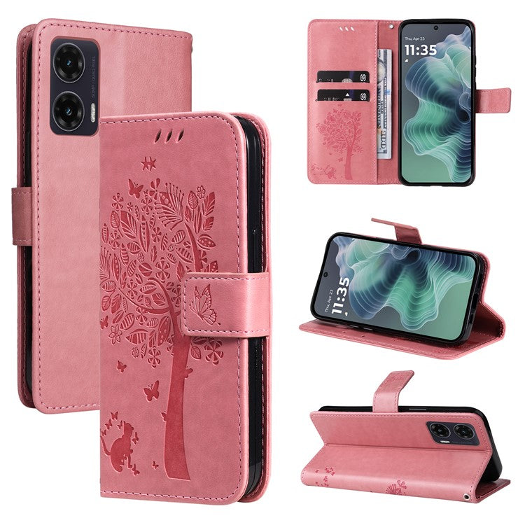 For Motorola Moto G35 5G Case Cat Tree Pattern Flip Leather Phone Cover - Pink