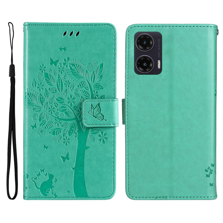 For Motorola Moto G35 5G Case Cat Tree Pattern Flip Leather Phone Cover - Green