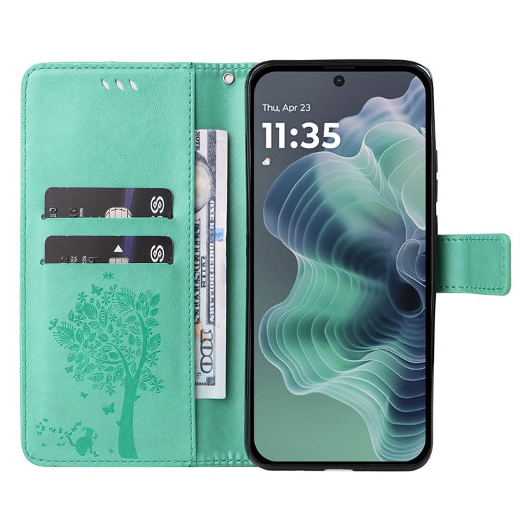 For Motorola Moto G35 5G Case Cat Tree Pattern Flip Leather Phone Cover - Green