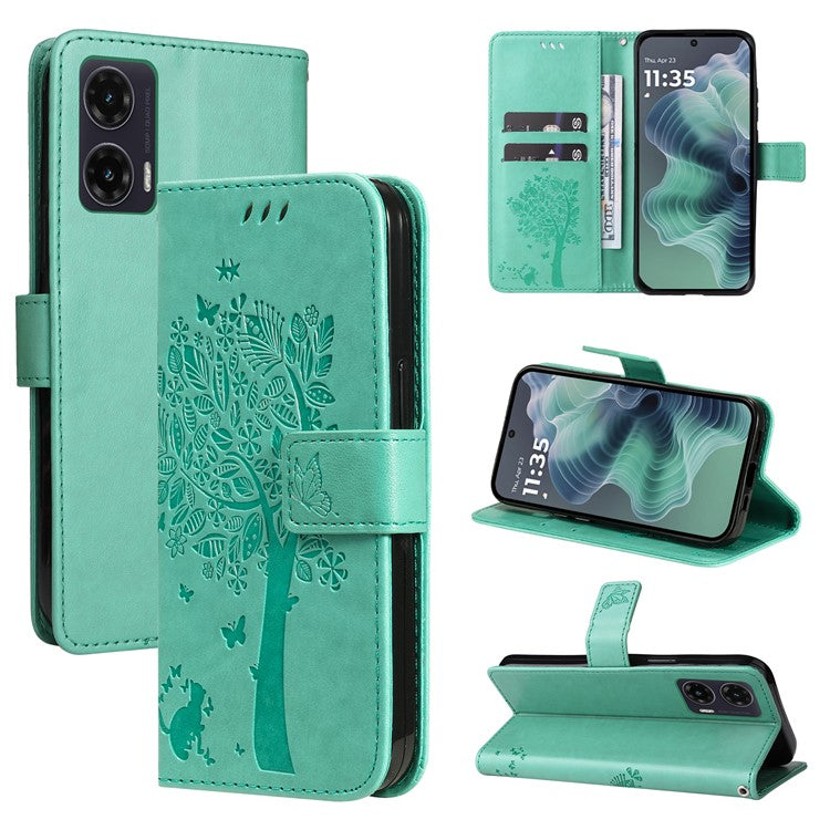 For Motorola Moto G35 5G Case Cat Tree Pattern Flip Leather Phone Cover - Green