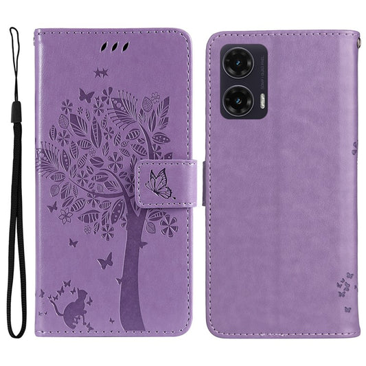 For Motorola Moto G35 5G Case Cat Tree Pattern Flip Leather Phone Cover - Light Purple