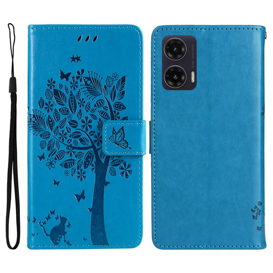 For Motorola Moto G35 5G Case Cat Tree Pattern Flip Leather Phone Cover - Blue