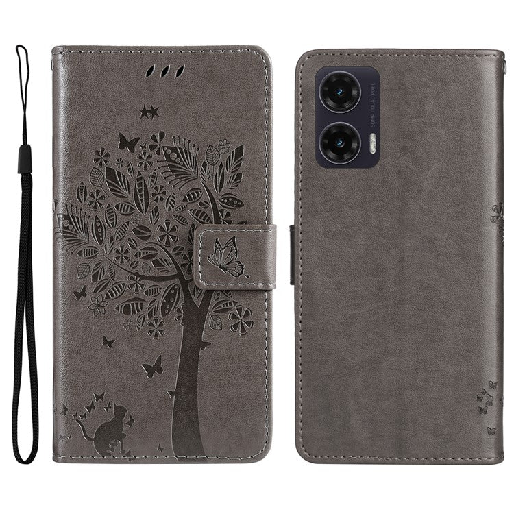 For Motorola Moto G35 5G Case Cat Tree Pattern Flip Leather Phone Cover - Grey