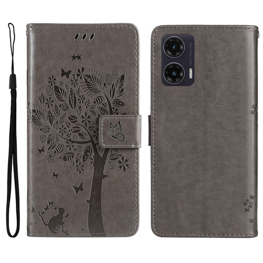 For Motorola Moto G35 5G Case Cat Tree Pattern Flip Leather Phone Cover - Grey