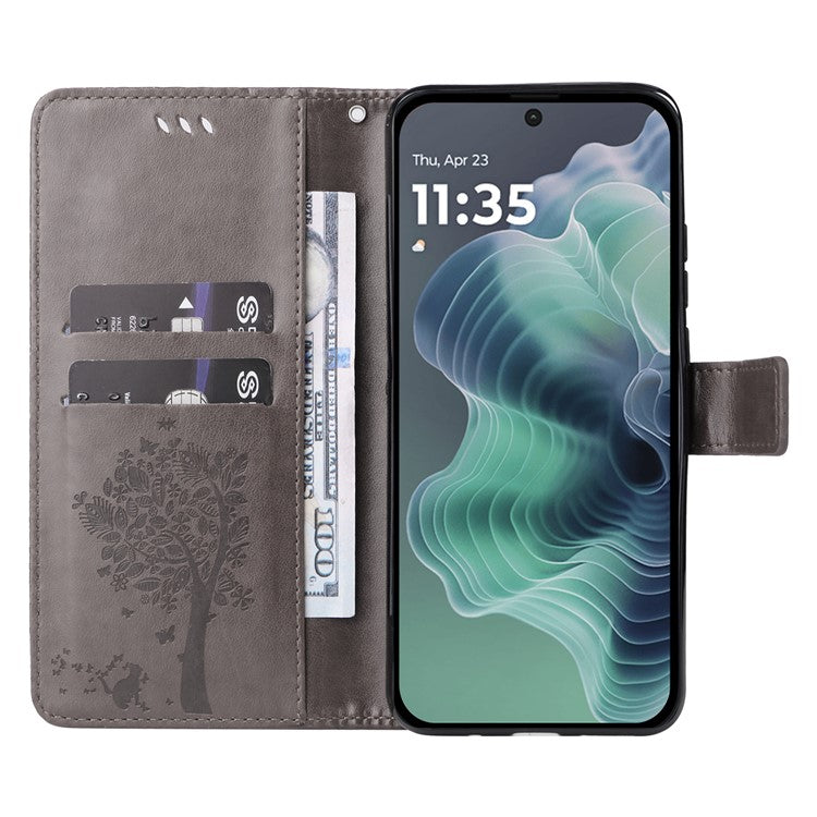 For Motorola Moto G35 5G Case Cat Tree Pattern Flip Leather Phone Cover - Grey