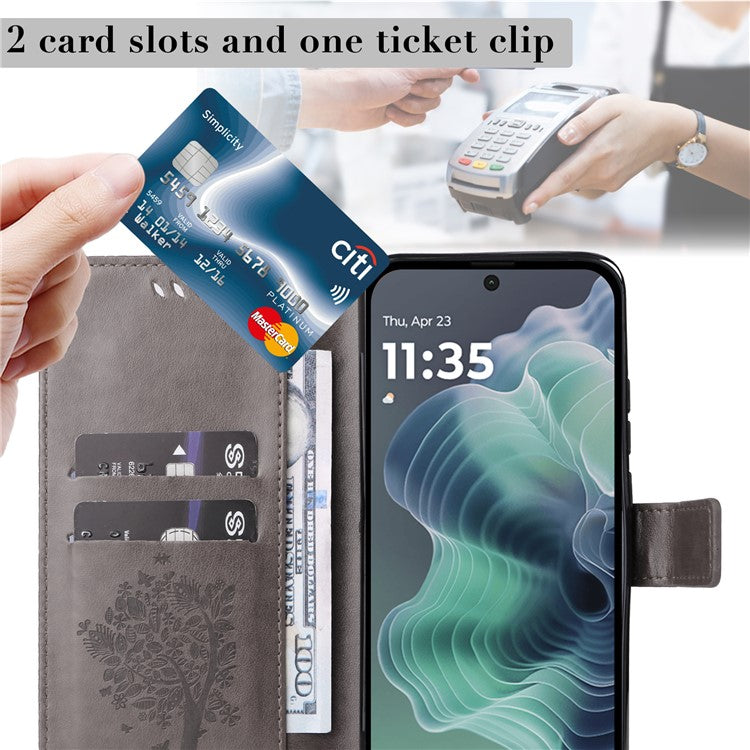 For Motorola Moto G35 5G Case Cat Tree Pattern Flip Leather Phone Cover - Grey
