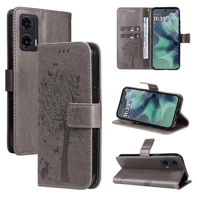 For Motorola Moto G35 5G Case Cat Tree Pattern Flip Leather Phone Cover - Grey