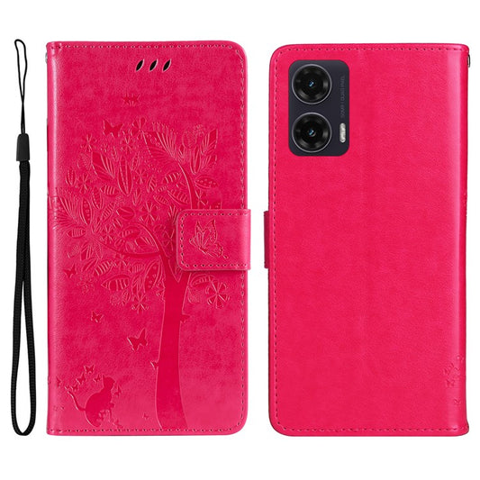 For Motorola Moto G35 5G Case Cat Tree Pattern Flip Leather Phone Cover - Rose