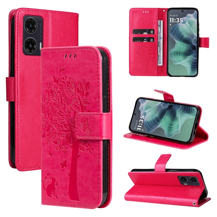 For Motorola Moto G35 5G Case Cat Tree Pattern Flip Leather Phone Cover - Rose