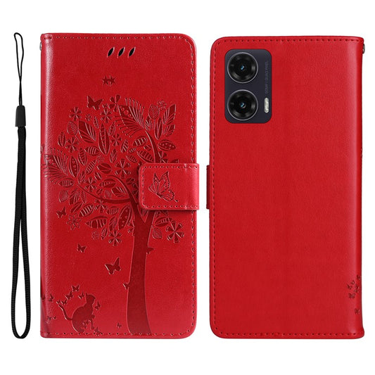 For Motorola Moto G35 5G Case Cat Tree Pattern Flip Leather Phone Cover - Red