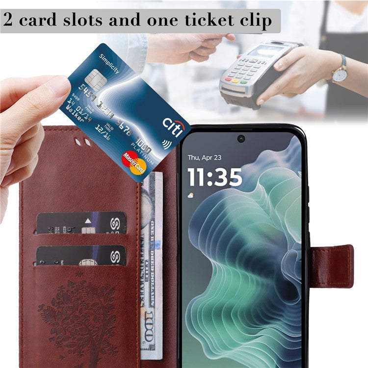 For Motorola Moto G35 5G Case Cat Tree Pattern Flip Leather Phone Cover - Coffee