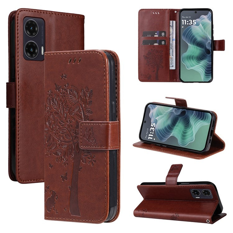 For Motorola Moto G35 5G Case Cat Tree Pattern Flip Leather Phone Cover - Coffee