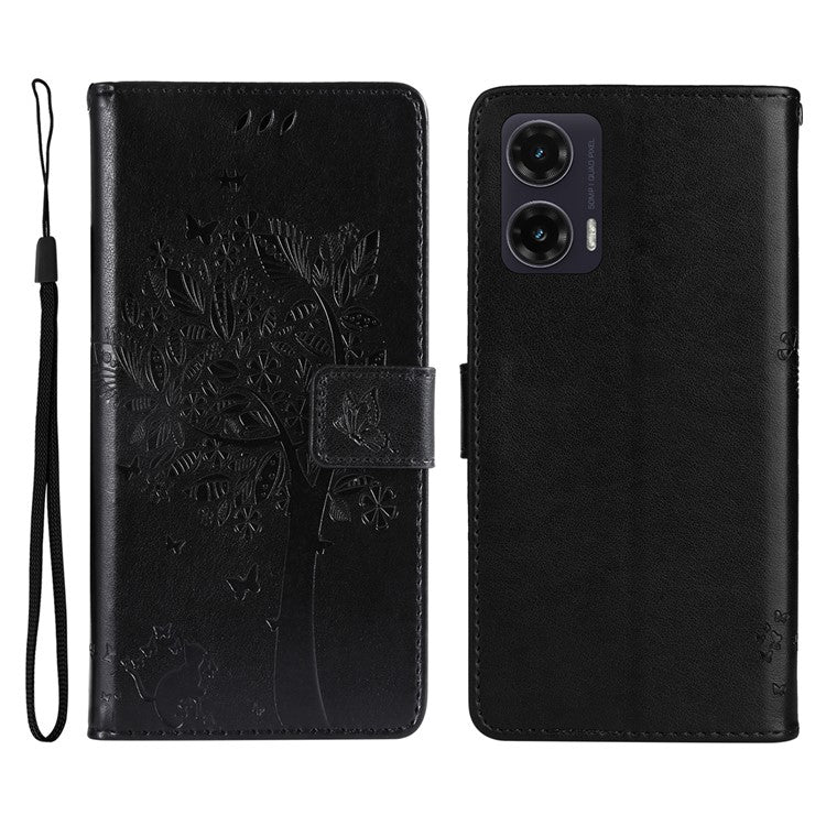 For Motorola Moto G35 5G Case Cat Tree Pattern Flip Leather Phone Cover - Black