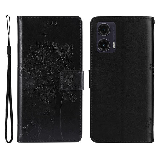 For Motorola Moto G35 5G Case Cat Tree Pattern Flip Leather Phone Cover - Black
