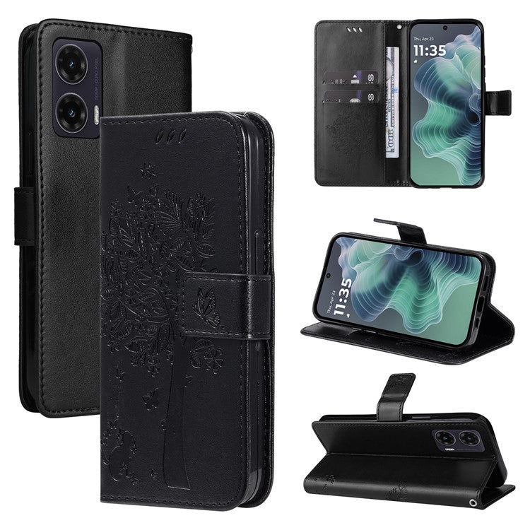 For Motorola Moto G35 5G Case Cat Tree Pattern Flip Leather Phone Cover - Black