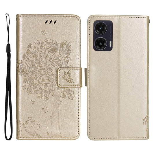 For Motorola Moto G35 5G Case Cat Tree Pattern Flip Leather Phone Cover - Gold