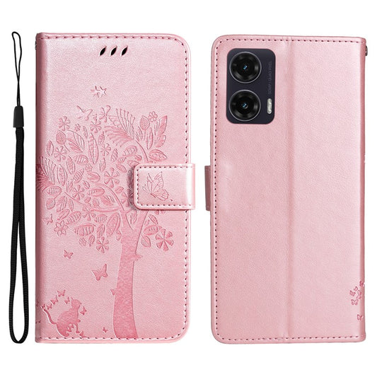 For Motorola Moto G35 5G Case Cat Tree Pattern Flip Leather Phone Cover - Rose Gold