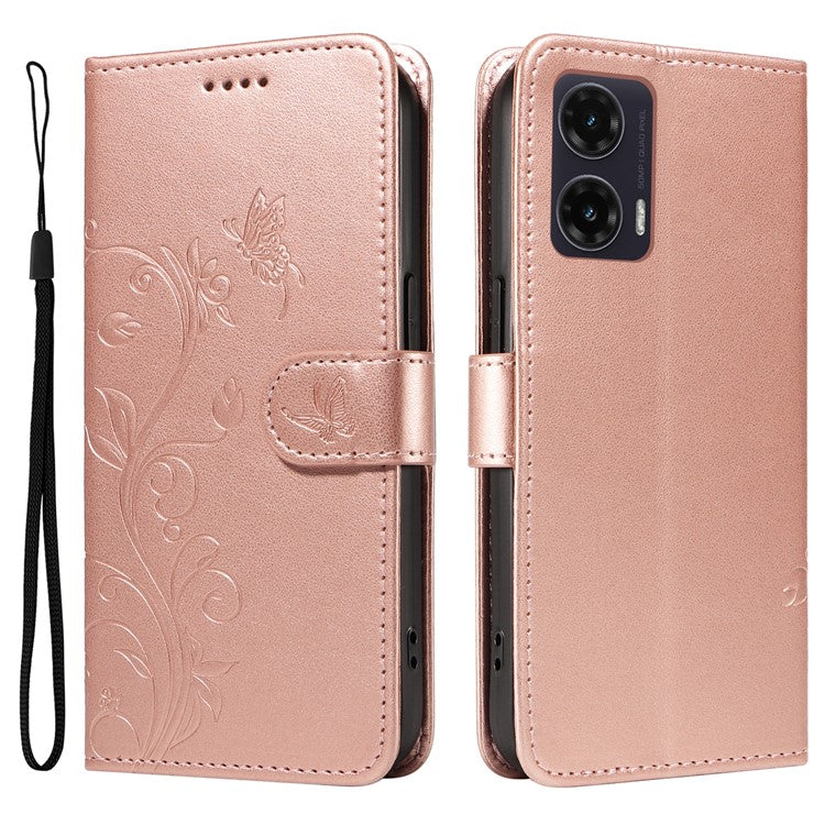For Motorola Moto G35 5G Case Flower Pattern PU Leather Wallet Phone Cover - Rose Gold
