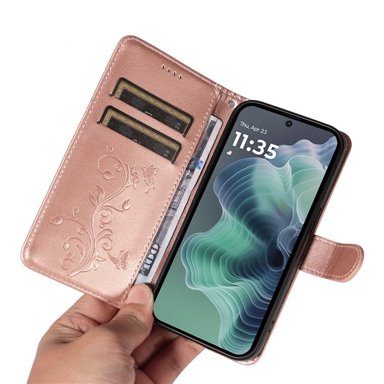 For Motorola Moto G35 5G Case Flower Pattern PU Leather Wallet Phone Cover - Rose Gold
