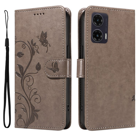 For Motorola Moto G35 5G Case Flower Pattern PU Leather Wallet Phone Cover - Grey