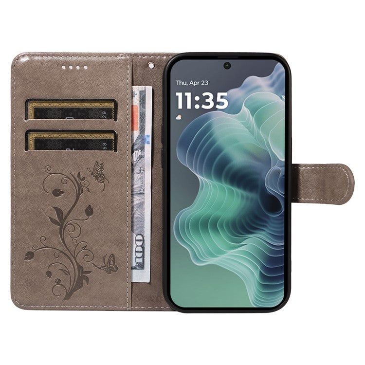For Motorola Moto G35 5G Case Flower Pattern PU Leather Wallet Phone Cover - Grey