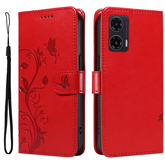 For Motorola Moto G35 5G Case Flower Pattern PU Leather Wallet Phone Cover - Red