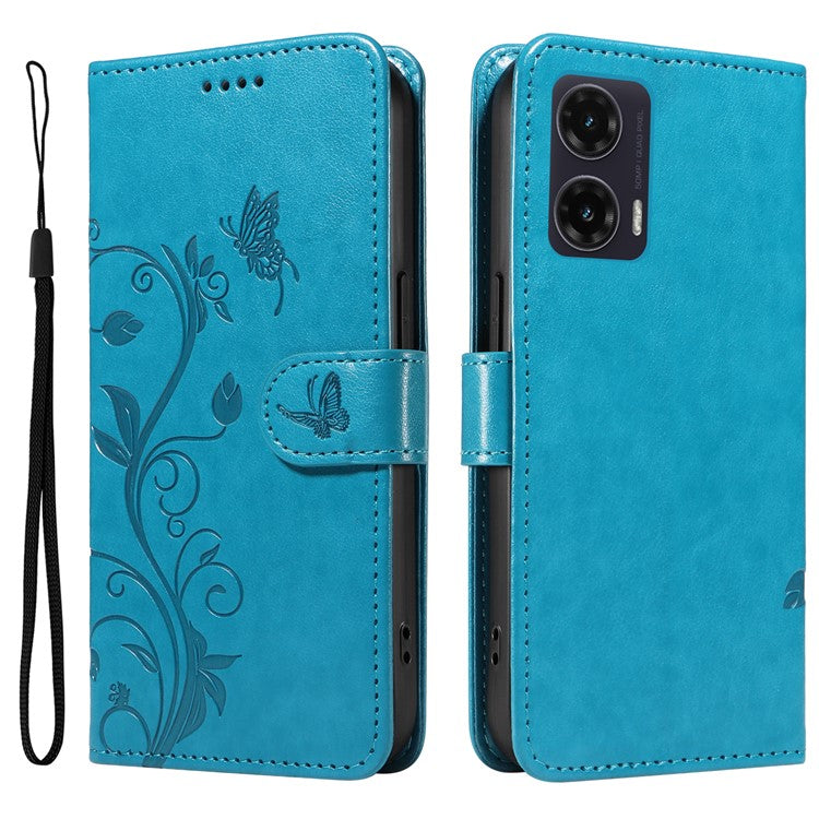 For Motorola Moto G35 5G Case Flower Pattern PU Leather Wallet Phone Cover - Blue