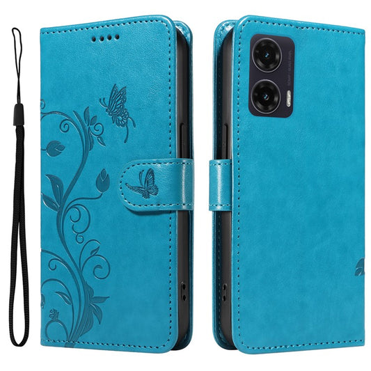 For Motorola Moto G35 5G Case Flower Pattern PU Leather Wallet Phone Cover - Blue