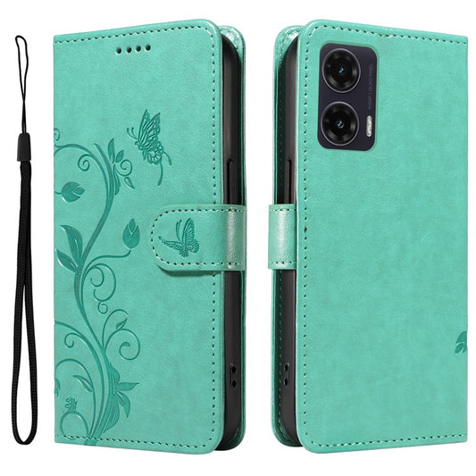 For Motorola Moto G35 5G Case Flower Pattern PU Leather Wallet Phone Cover - Green