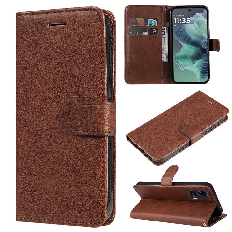 For Motorola Moto G35 5G Case Solid Color Leather Phone Cover Wallet Stand - Brown