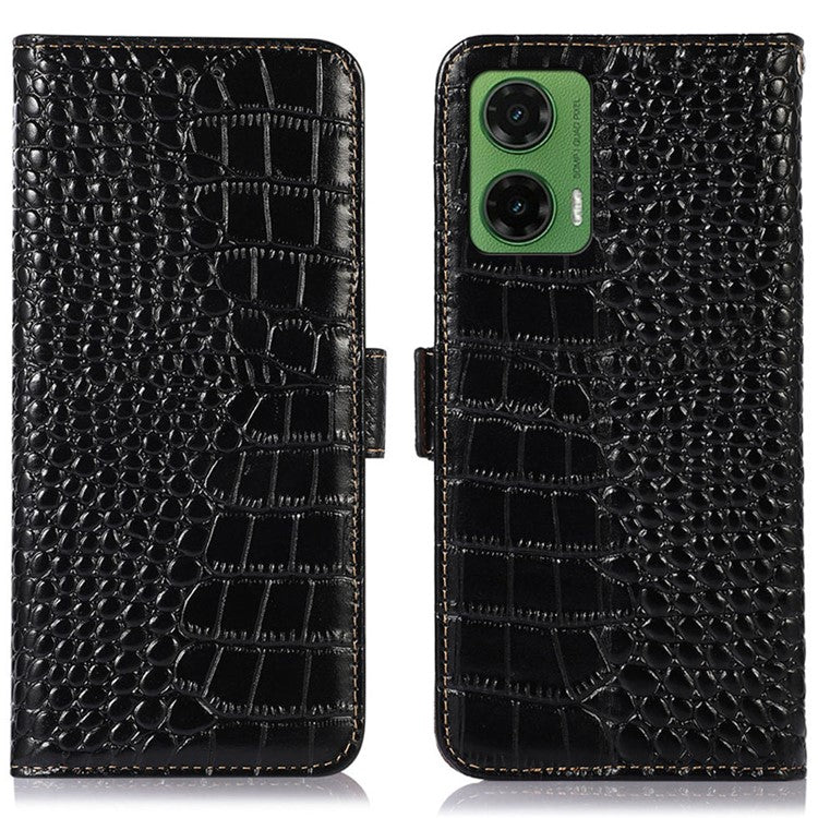 For Motorola Moto G35 5G Case Crocodile Texture Genuine Cow Leather Phone Wallet Cover - Black
