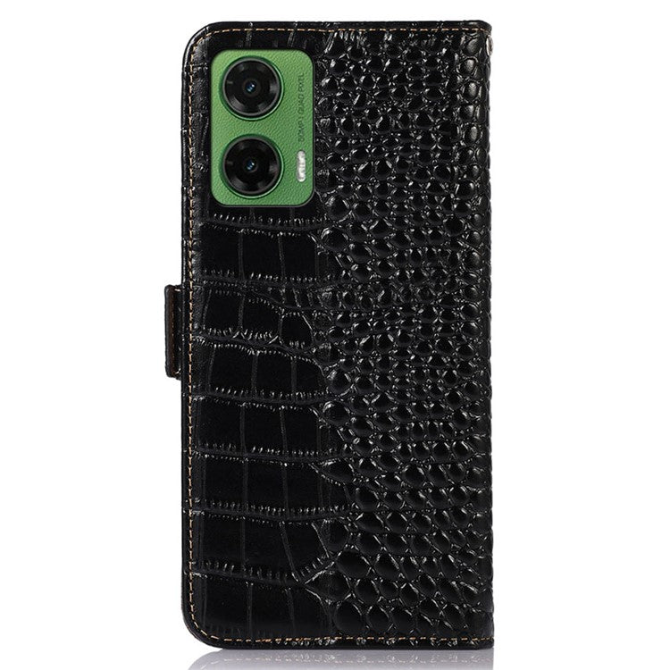 For Motorola Moto G35 5G Case Crocodile Texture Genuine Cow Leather Phone Wallet Cover - Black