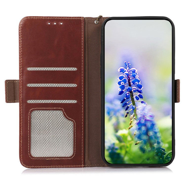 For Motorola Moto G35 5G Case RFID Blocking Genuine Cow Leather Wallet Phone Cover - Brown