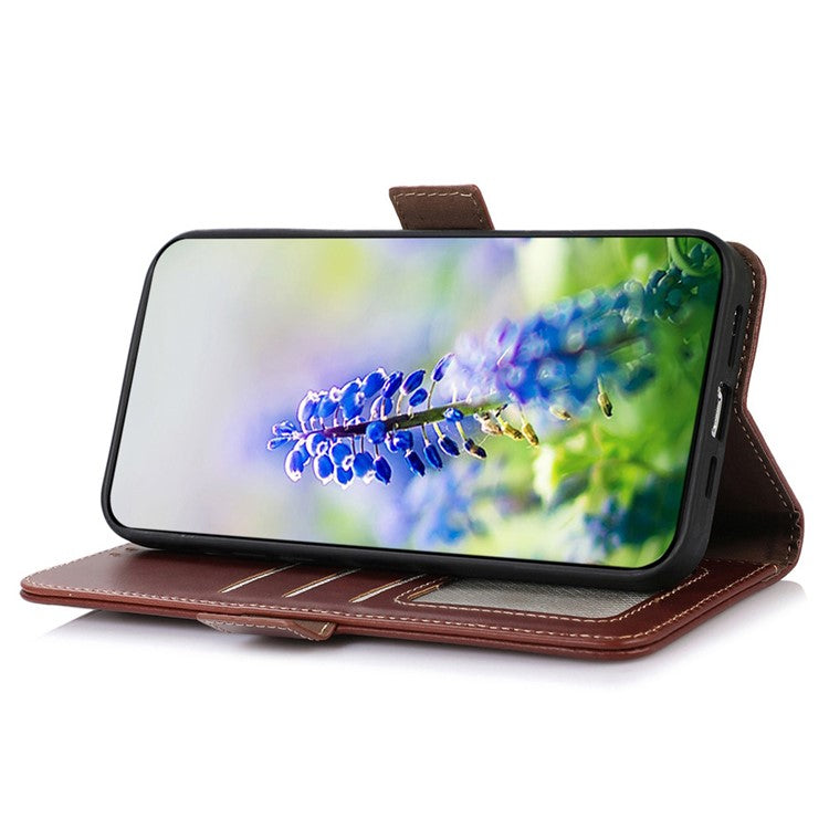 For Motorola Moto G35 5G Case RFID Blocking Genuine Cow Leather Wallet Phone Cover - Brown
