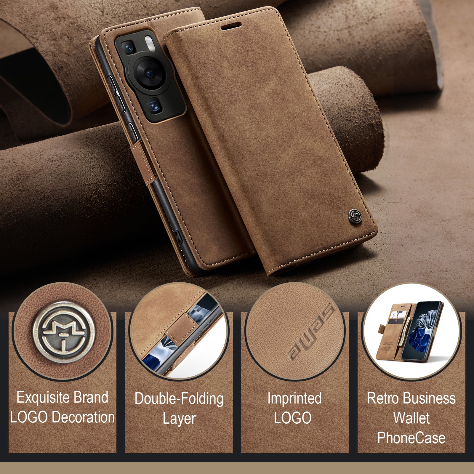 For Huawei P60 Pro Case CASEME 013 Series Card Holder Stand Leather Phone Cover - Brown