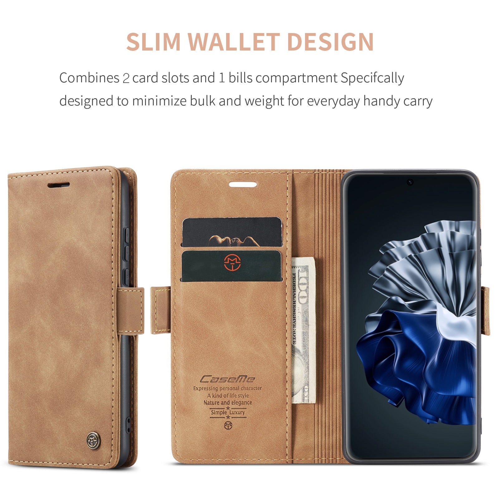 For Huawei P60 Pro Case CASEME 013 Series Card Holder Stand Leather Phone Cover - Brown