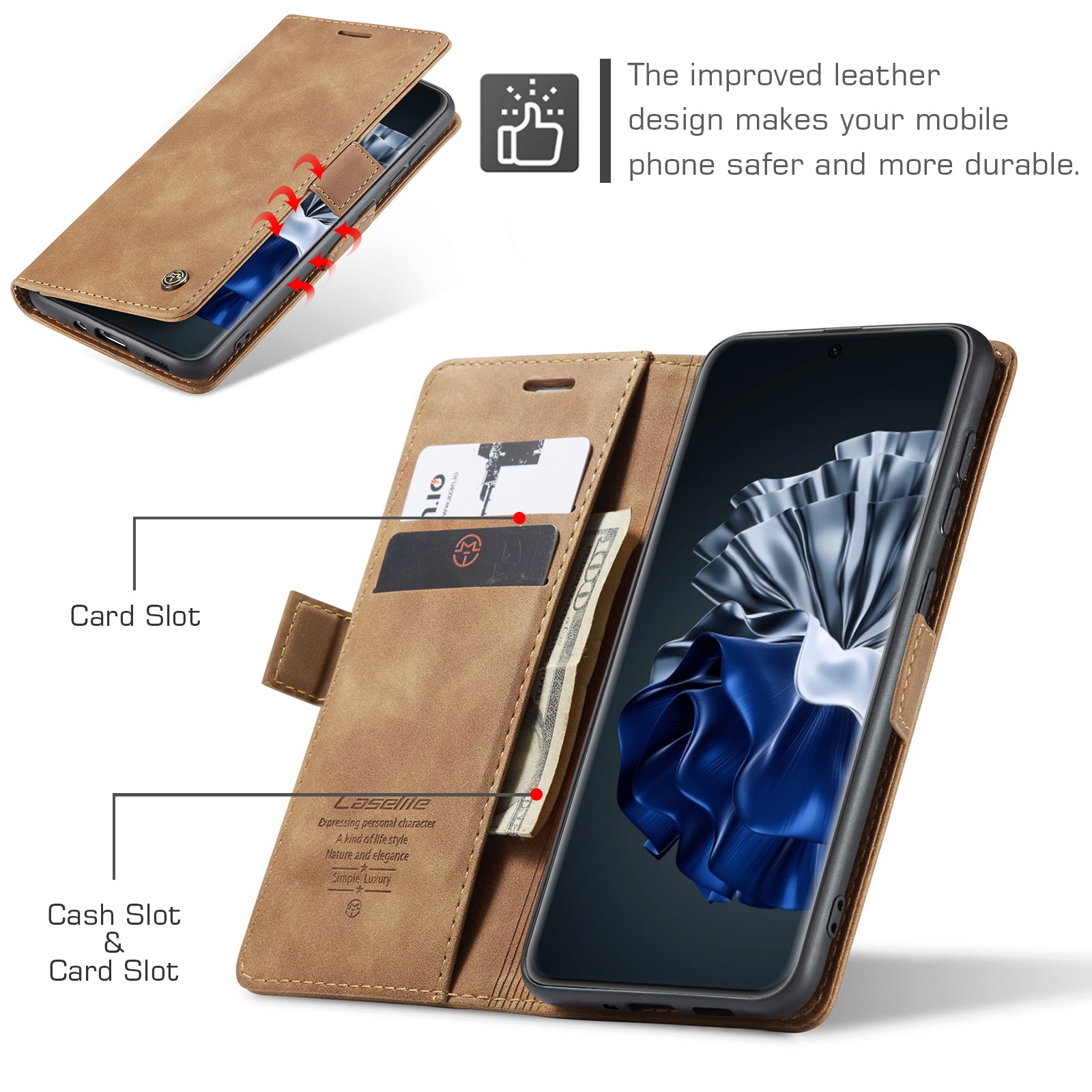 For Huawei P60 Pro Case CASEME 013 Series Card Holder Stand Leather Phone Cover - Brown