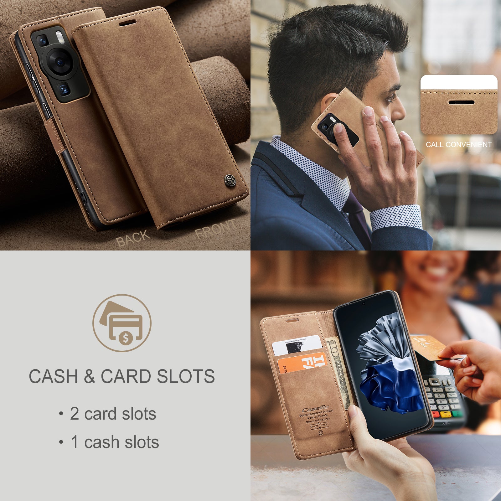 For Huawei P60 Pro Case CASEME 013 Series Card Holder Stand Leather Phone Cover - Brown