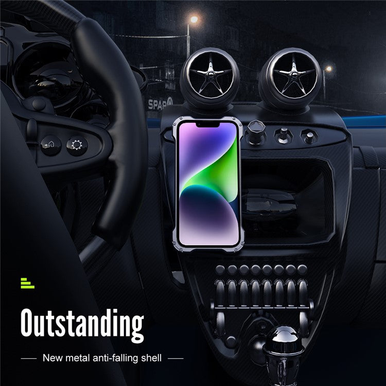 R-JUST RJ-51 For iPhone 14 Hollow Design Protective Cover Carbon Fiber Texture PC + Aluminum Alloy Shockproof Phone Case Compatible with Magsafe Charger