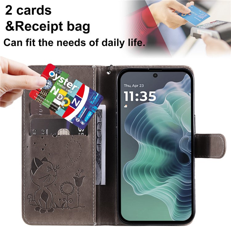 For Motorola Moto G35 5G Case Cat Bee Pattern Leather Phone Cover - Grey