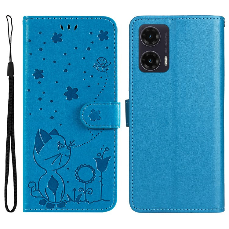 For Motorola Moto G35 5G Case Cat Bee Pattern Leather Phone Cover - Blue
