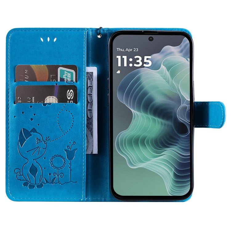 For Motorola Moto G35 5G Case Cat Bee Pattern Leather Phone Cover - Blue